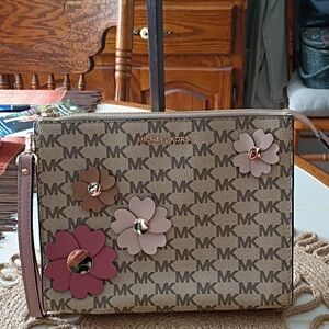 Michael Kors Tan and Pink Floral Large Travel Pouch/Wristlet Bag